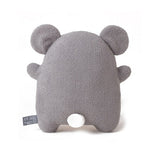 Rear view of Noodoll Ricedapper gentle happy monster with striking black moustache embroidered face soft grey fur