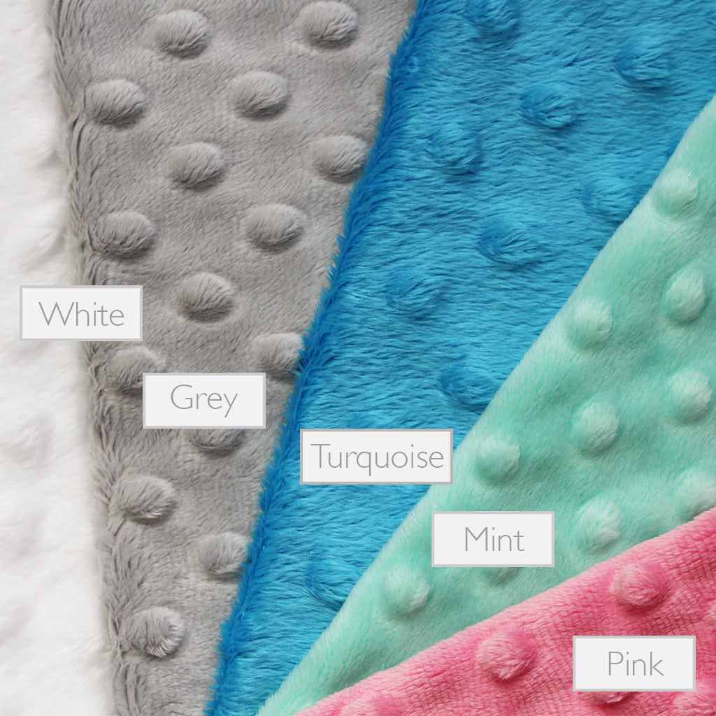 Selection of rear side Minky for a lovely unique handmade Baby Taggy comforter which can be personalised.100% soft cotton, printed using an eco-friendly process 