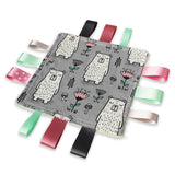 sleepy bear taggy baby girl gift comforter blanket with pink green and grey tagsey