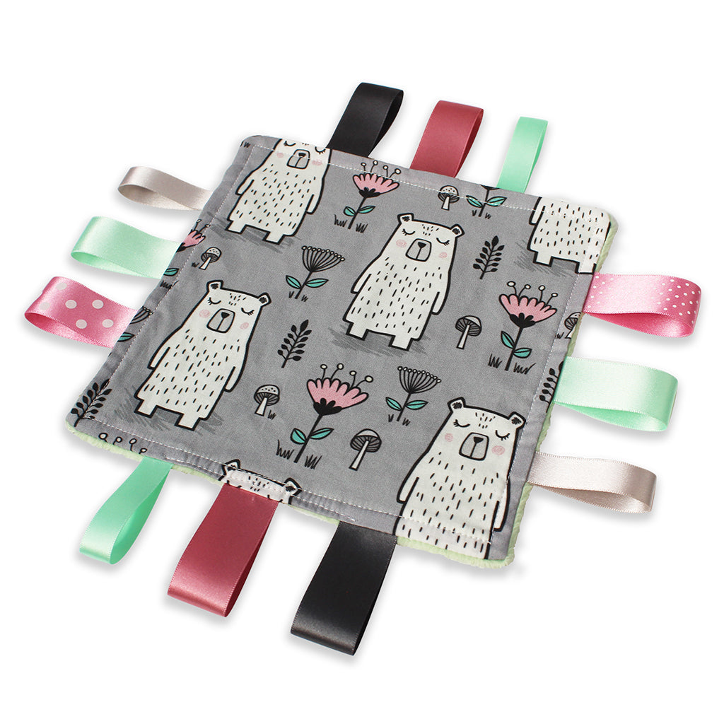 sleepy bear taggy baby girl gift comforter blanket with pink green and grey tagsey