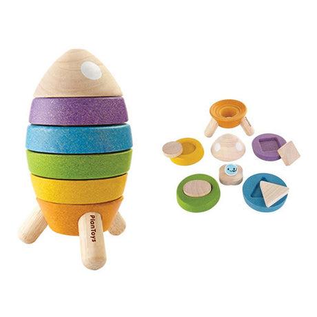 Stacking rocket with various and colours shapes a 11 piece puzzle ideal gift Eco Friendly Plan Toys