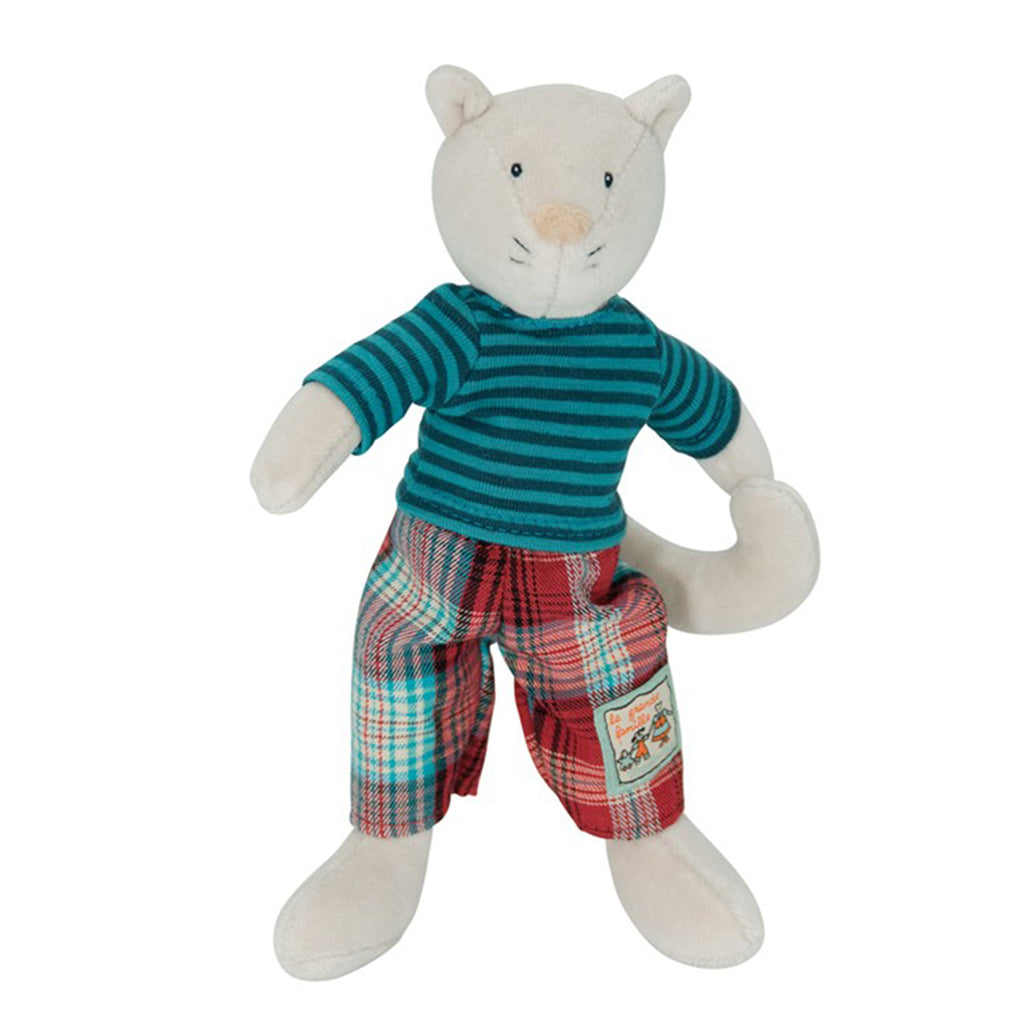 moulin roty Little Mimosa Cat in aqua and red check pants a striped aqua tee shirt