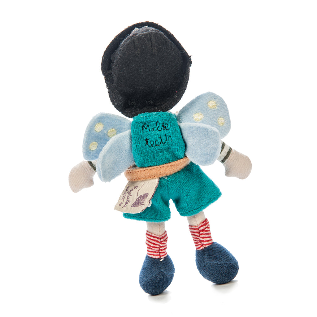 Rear view of  Ragtales soft impish pirate tooth fairy is a boys toy gift wearing backpack for lost milk teeth