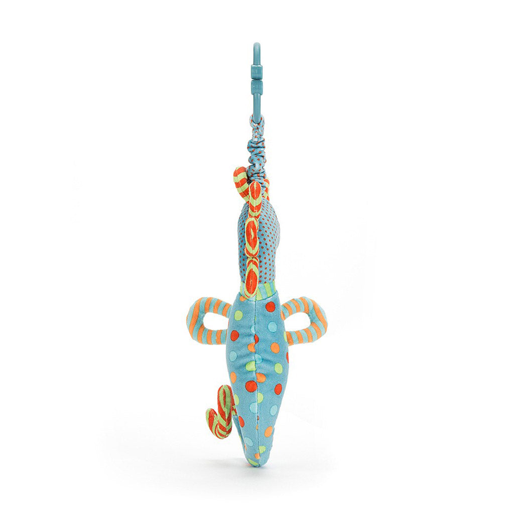 rear view of  a colourful blue, orange and yellow Jellycat Under the Sea Seahorse 