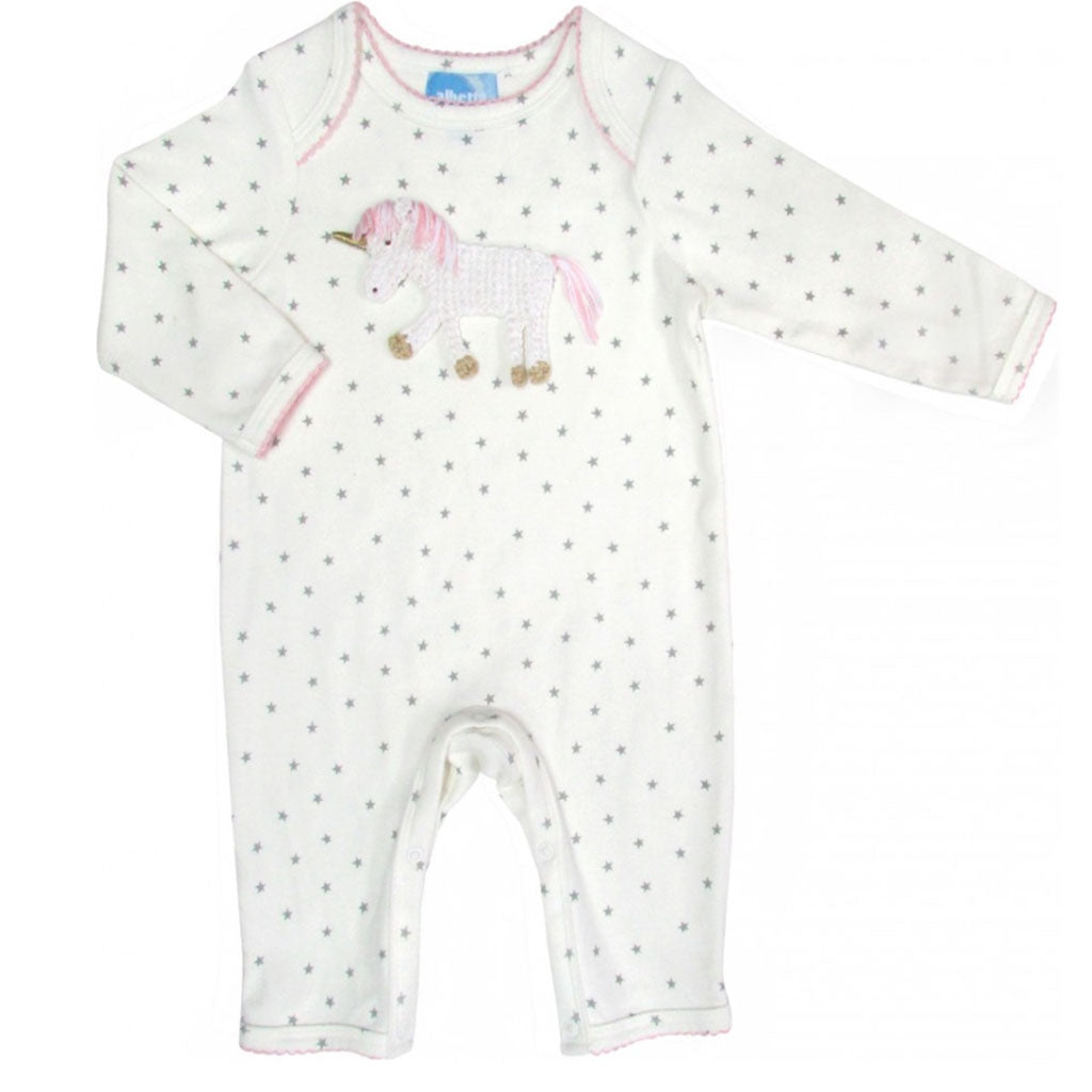 Albetta babygrow with a beautiful hand crocheted unicorn - would make the perfect baby gift for a little girl.