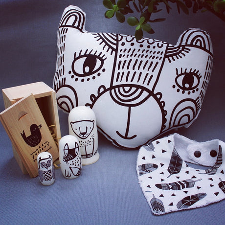 Wee Gallery monochrome black and white baby newborn gifts nesting dolls, cushion and handmade bib