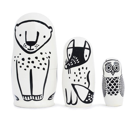 Wee Gallery hand-painted monochrome black and white baby newborn gift woodland nesting dolls; bear fox owl
